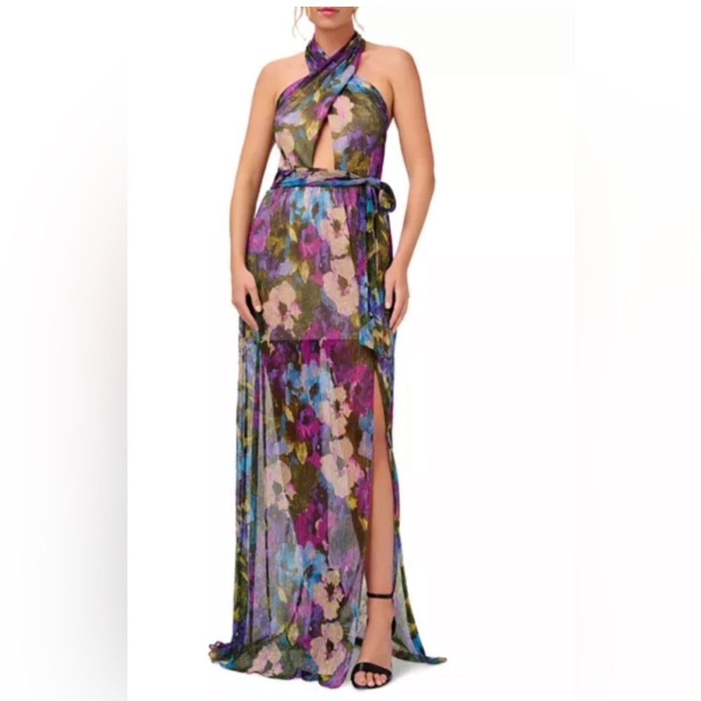 Aidan Mattox Multicolor Floral Halter Maxi Dress